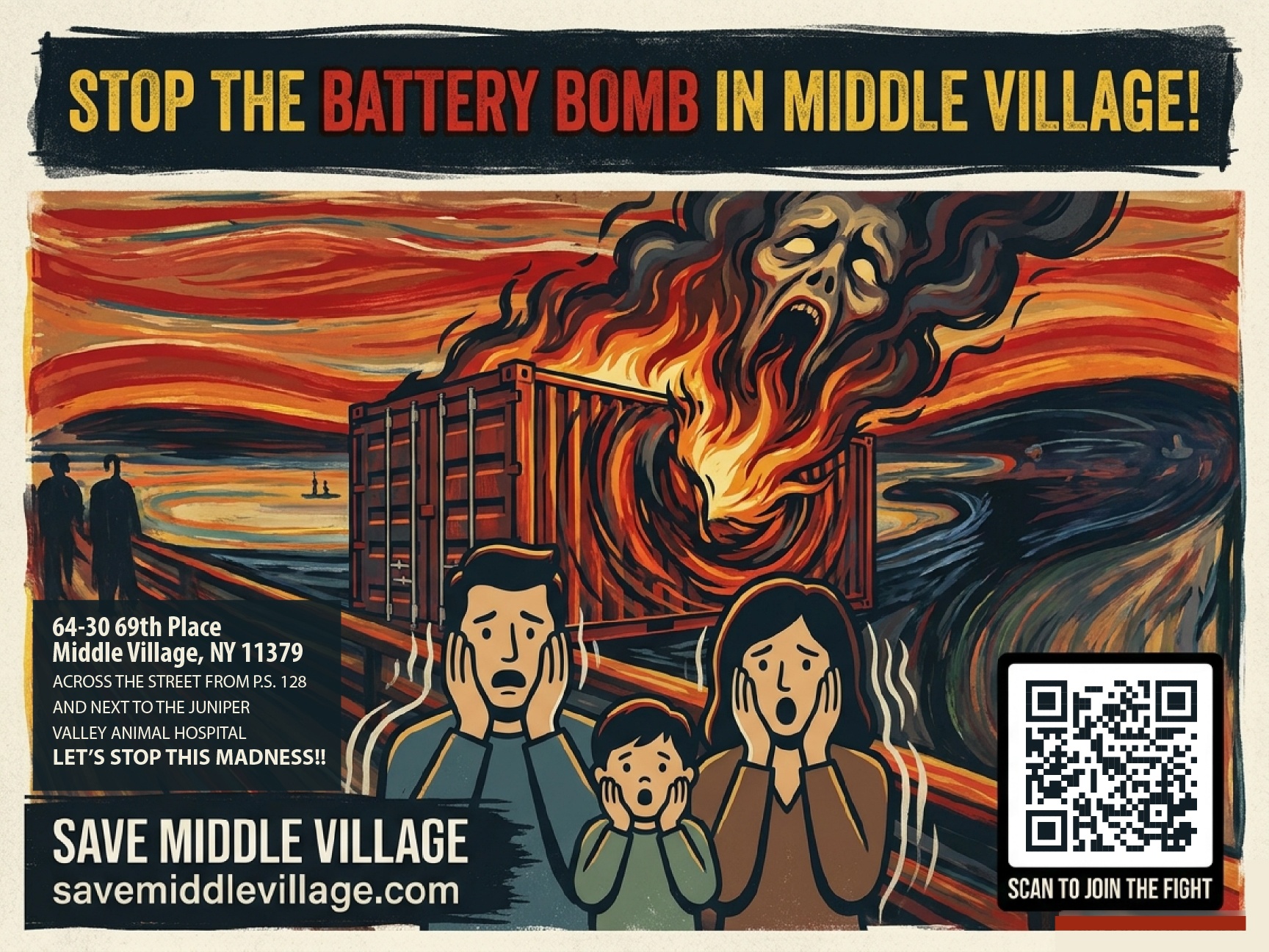 Stop the Battery Bomb in Middle Village — campaign flier